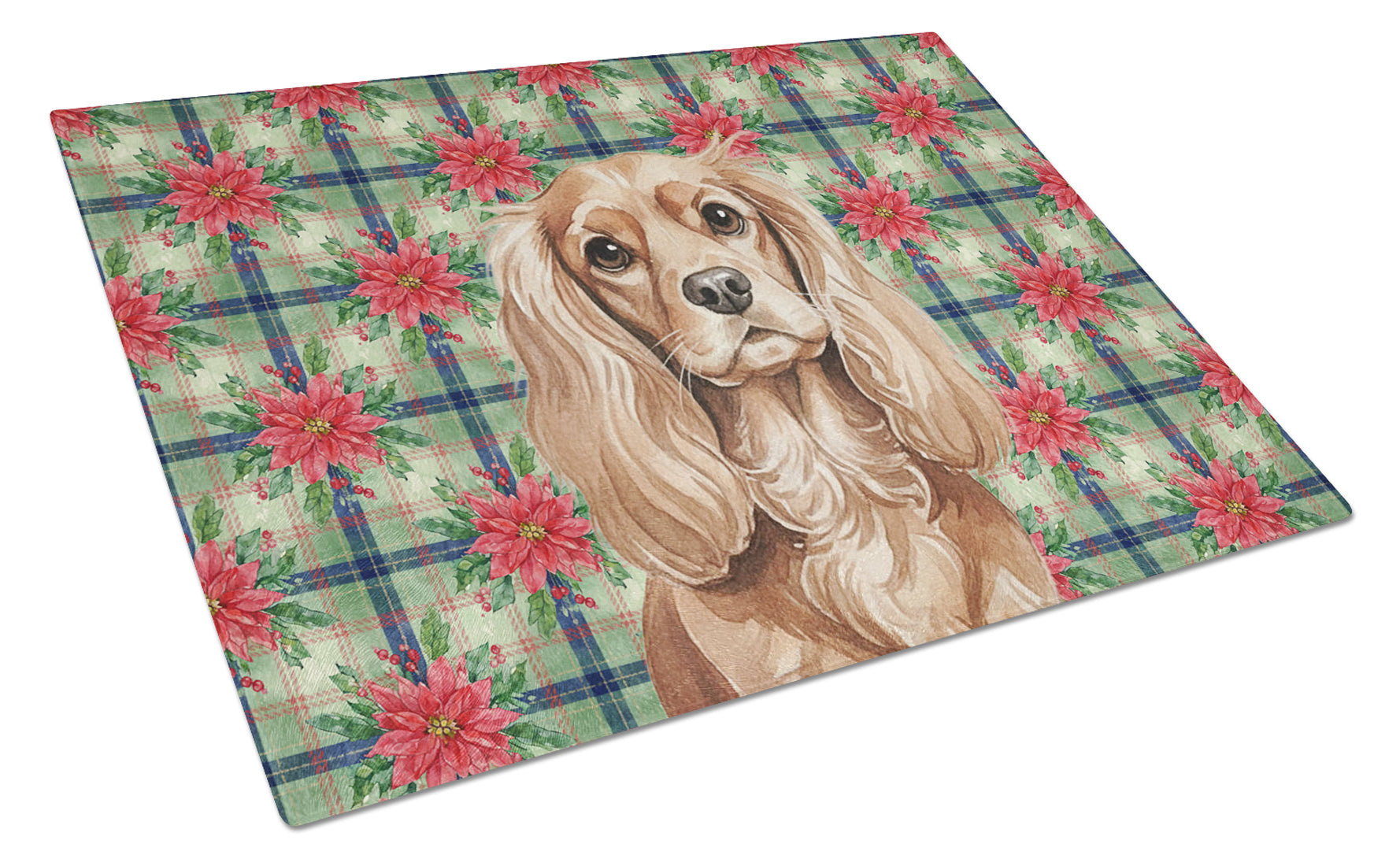 Ruby Cavalier Spaniel Christmas PoinsettIas Cutting Board Tempered Glass Kitchen Cutting Surface, Heat Resistant Chopping, Non-Slip Feet, Food Prep & Serving