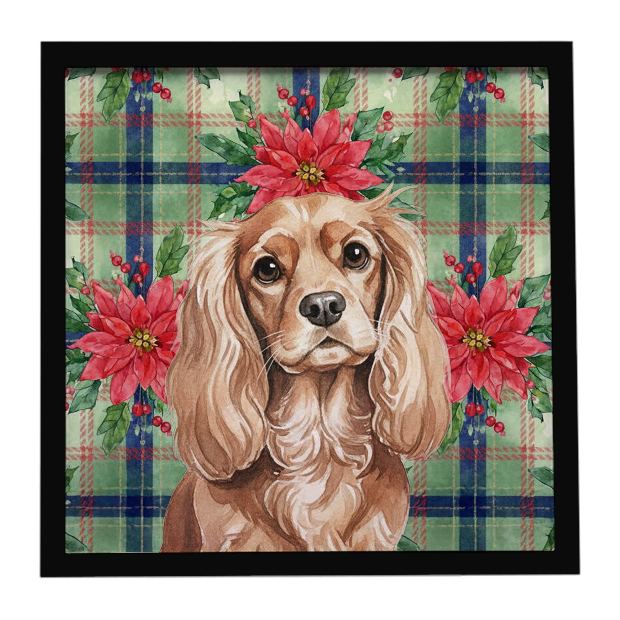 Ruby Cavalier Spaniel Christmas PoinsettIas Framed Metal Print Bathroom, Kitchen, Office, Home Decor Wall Art Ready to Hang, Square, 8X8