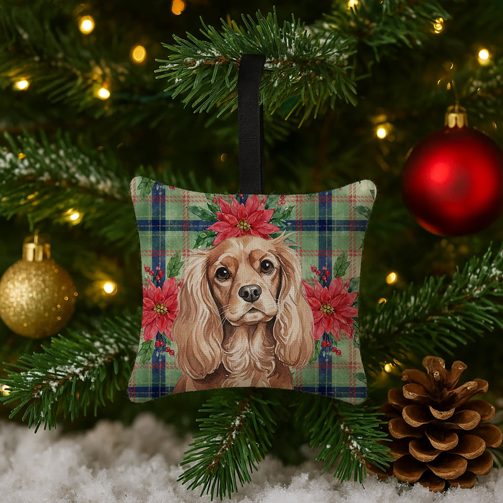 Ruby Cavalier Spaniel Christmas PoinsettIas Hanging Square Fabric Ornament 3.5 � 3.5 Decorative Door-Knob & Tree Hanger, Soft Fabric