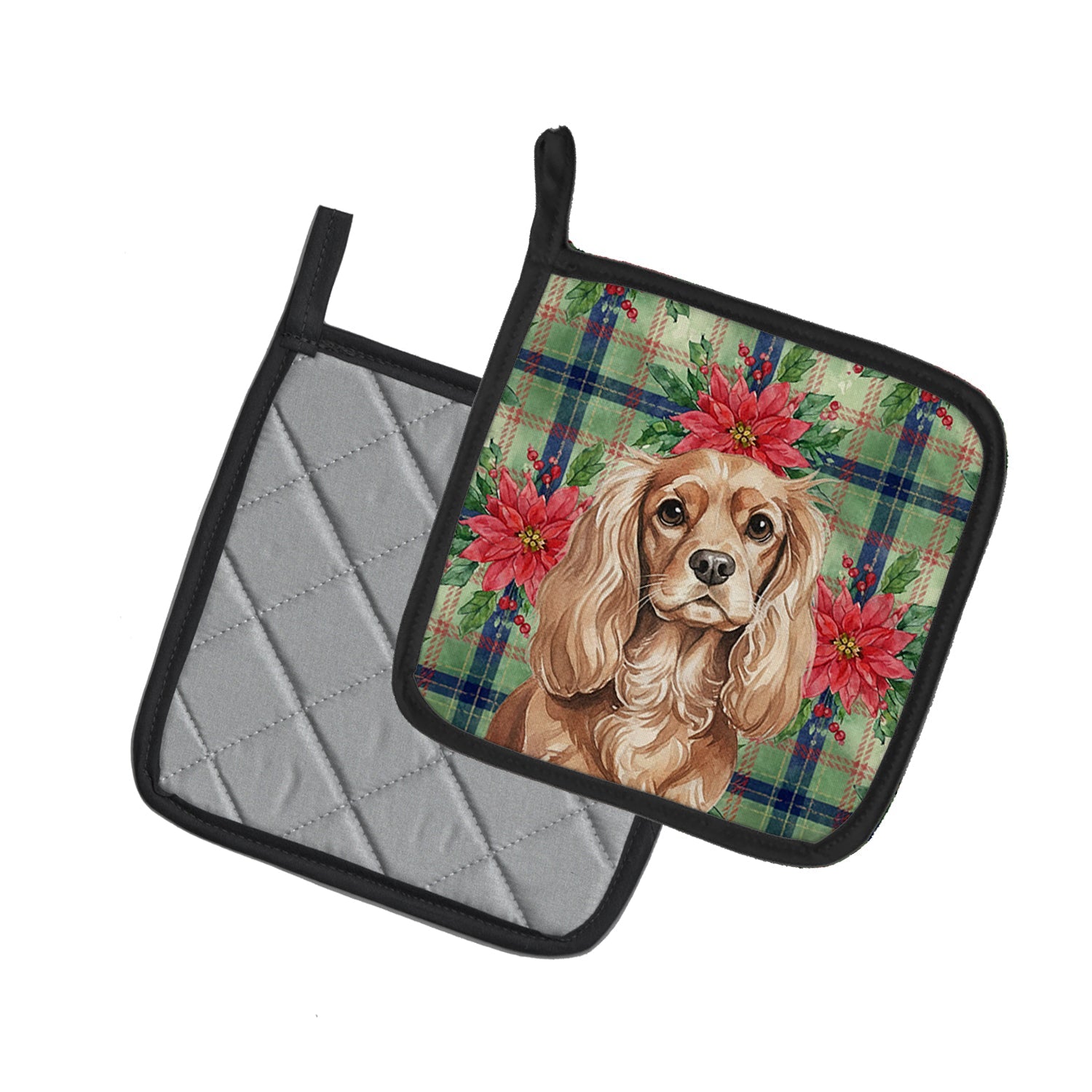 Ruby Cavalier Spaniel Christmas PoinsettIas Pot Holder Set of 2 Heat Resistant Quilted Hot Pads 7.5 x 7.5 Inch, Insulated Kitchen Trivets for Cooking & Baking