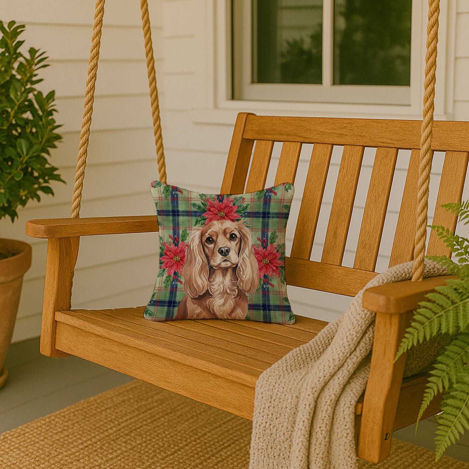 Ruby Cavalier Spaniel Christmas PoinsettIas Decorative Throw Pillow 14x14 Indoor Outdoor Accent Cushion, Fabric Cover with Insert for Sofa, Bed, Porch & Living Room