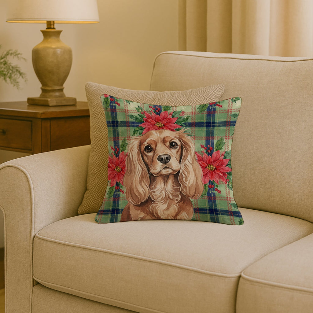 Ruby Cavalier Spaniel Christmas PoinsettIas Decorative Throw Pillow 18x18 Indoor Outdoor Accent Cushion, Fabric Cover with Insert for Sofa, Bed, Porch & Living Room