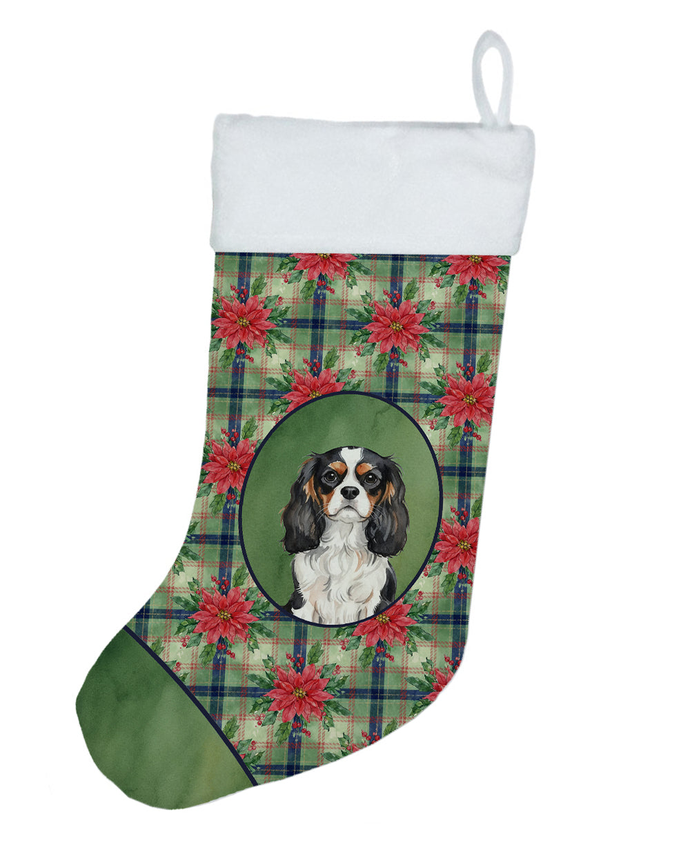 Tricolor Cavalier Spaniel Christmas PoinsettIas Holiday Stocking Double-Sided Print, Polyester Suede,11x18, Made in USA