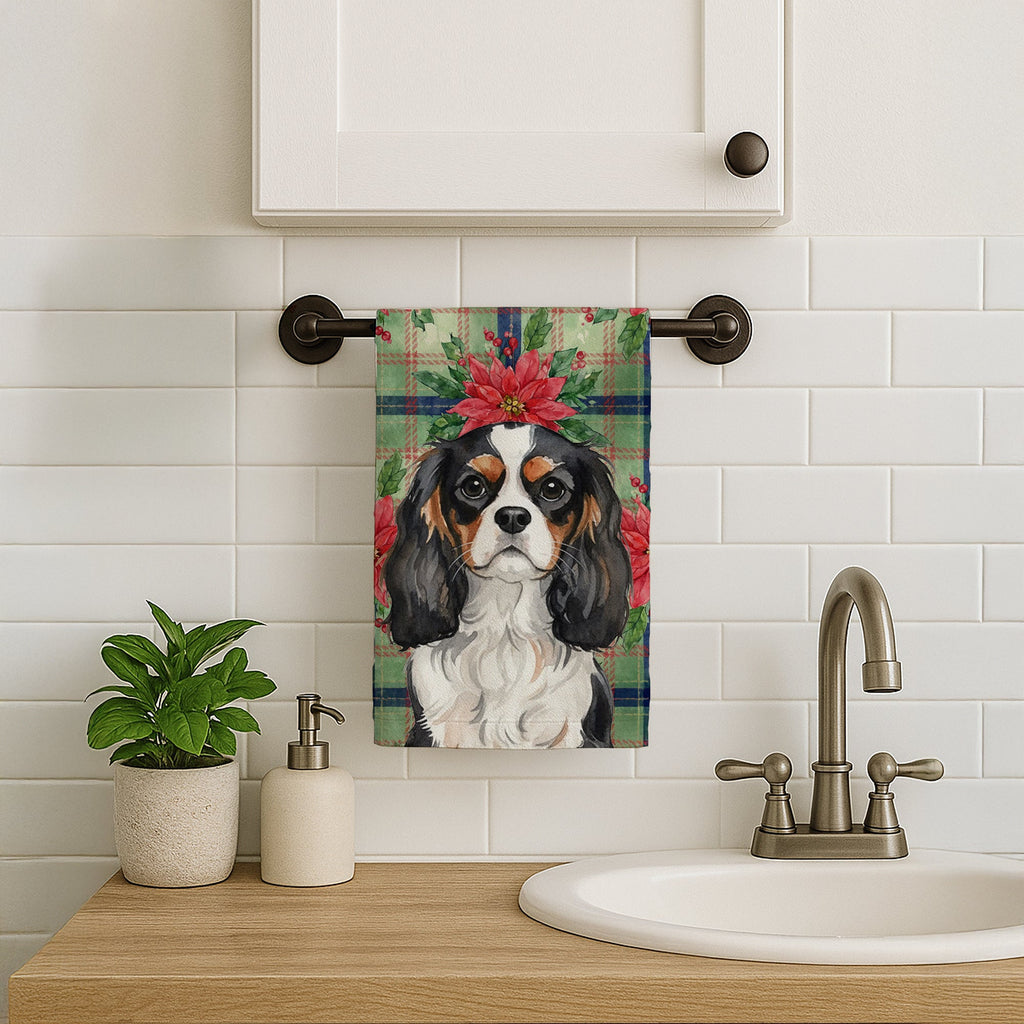 Tricolor Cavalier Spaniel Christmas PoinsettIas Kitchen Towel Velour Plush Front and Cotton Loop Back Machine Washable