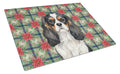 Tricolor Cavalier Spaniel Christmas PoinsettIas Cutting Board Tempered Glass Kitchen Cutting Surface, Heat Resistant Chopping, Non-Slip Feet, Food Prep & Serving