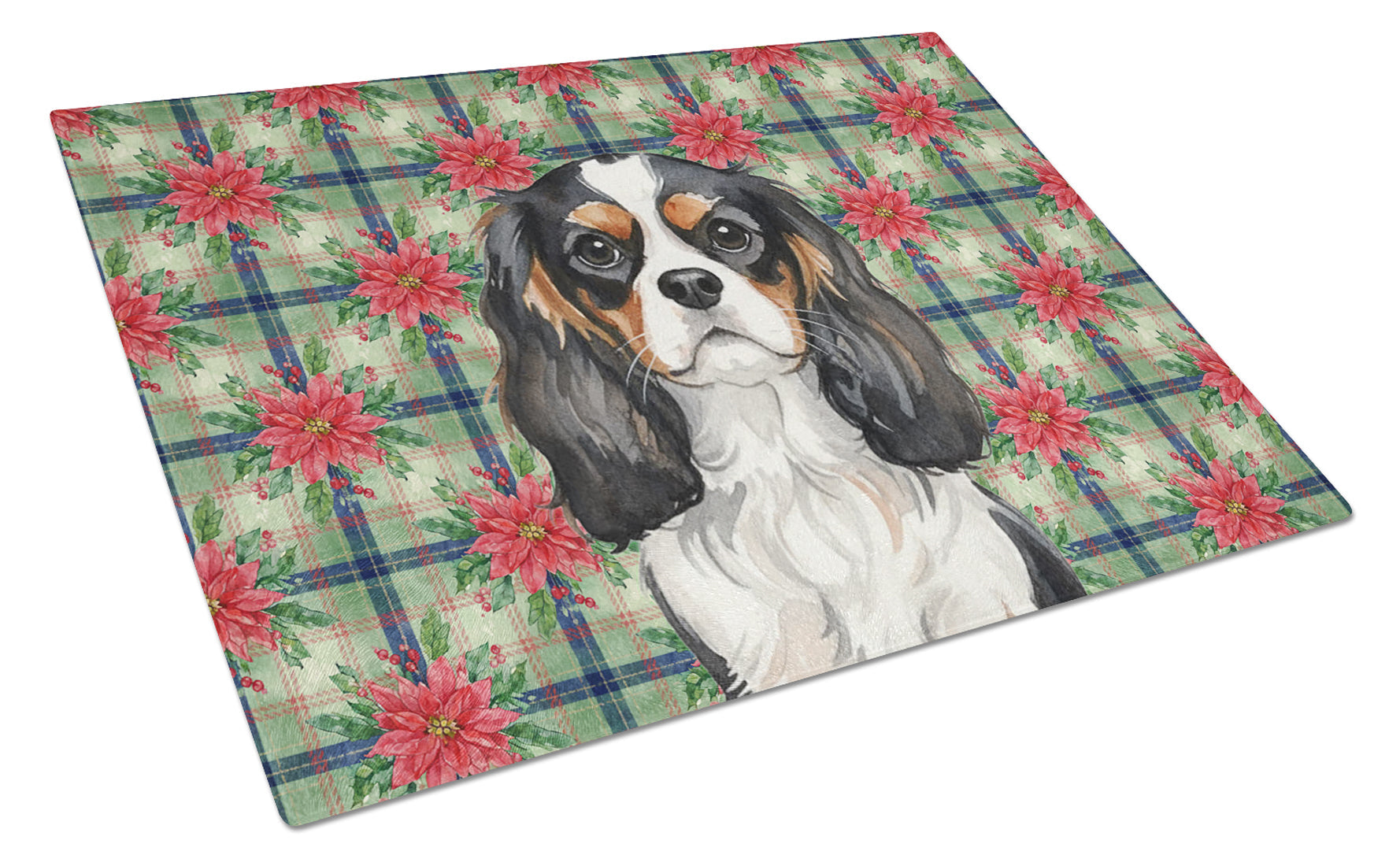 Tricolor Cavalier Spaniel Christmas PoinsettIas Cutting Board Tempered Glass Kitchen Cutting Surface, Heat Resistant Chopping, Non-Slip Feet, Food Prep & Serving