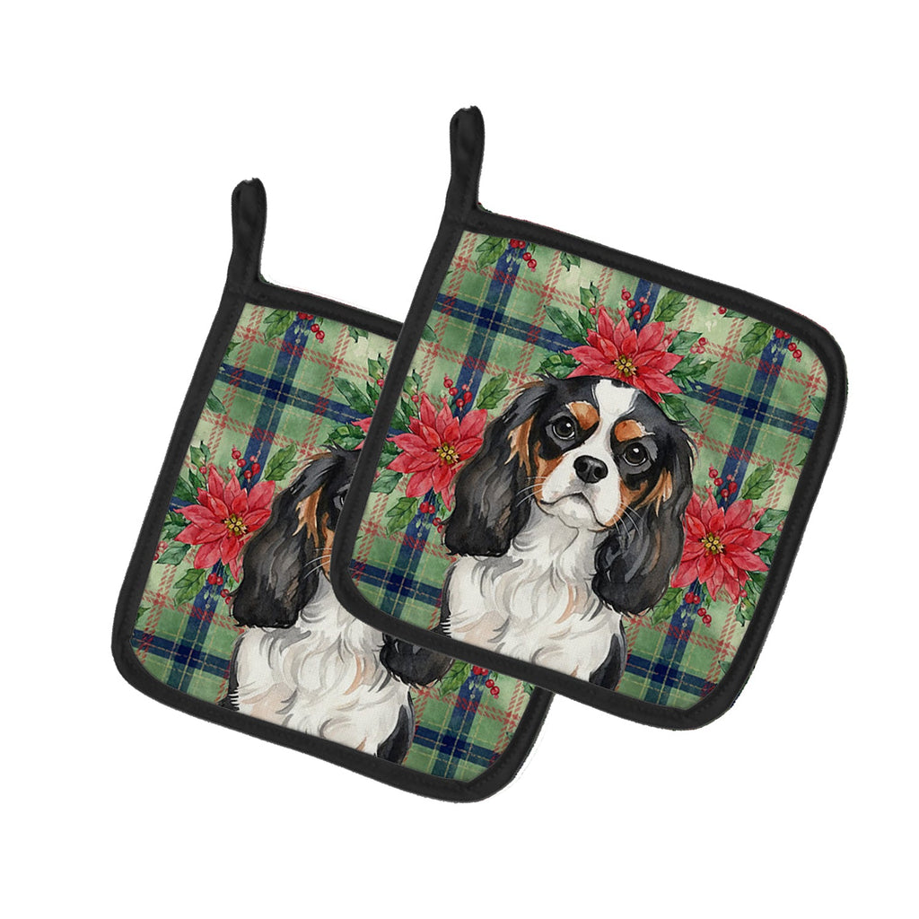 Tricolor Cavalier Spaniel Christmas PoinsettIas Pot Holder Set of 2 Heat Resistant Quilted Hot Pads 7.5 x 7.5 Inch, Insulated Kitchen Trivets for Cooking & Baking