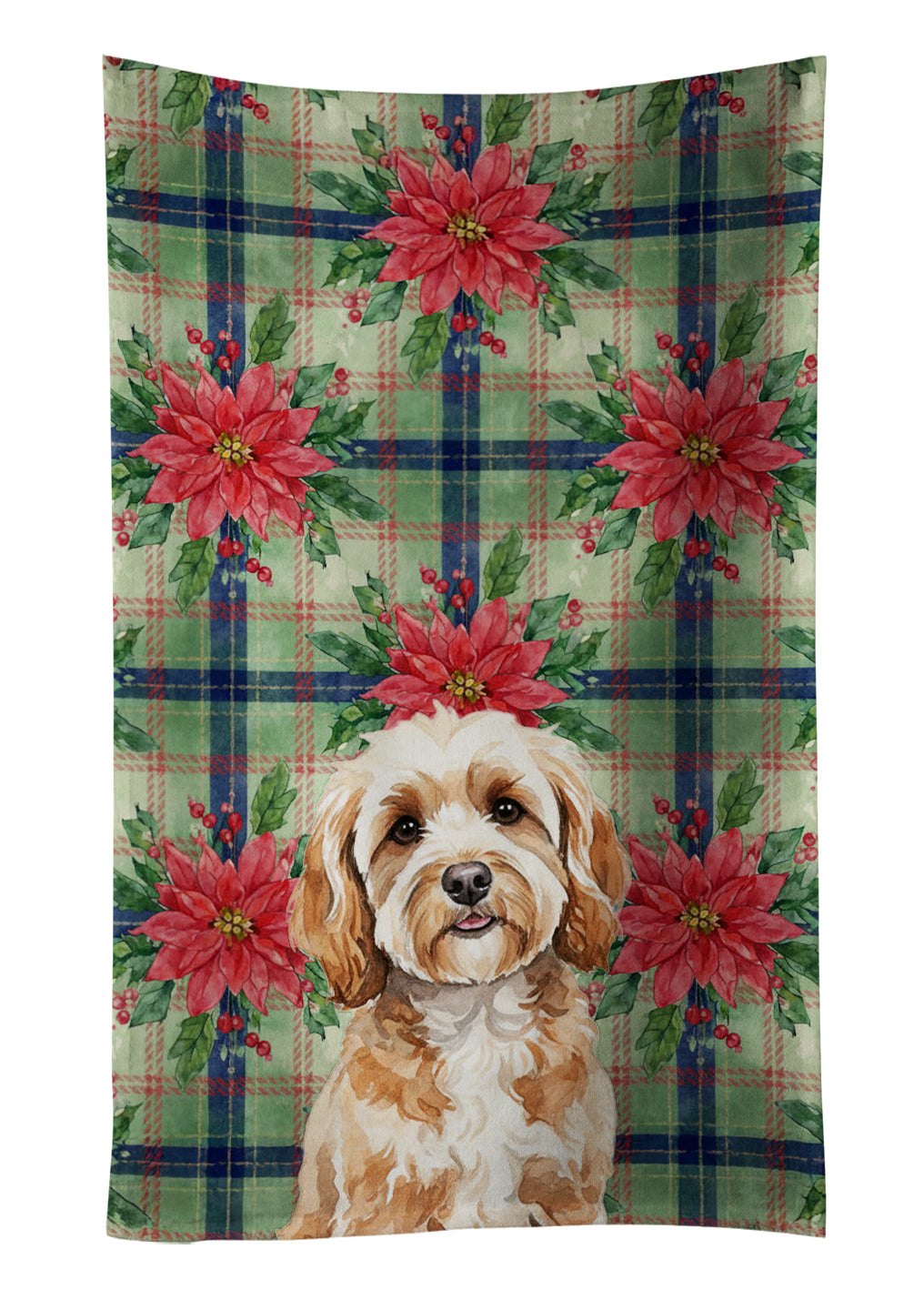 Cavapoo Christmas PoinsettIas Kitchen Towel Velour Plush Front and Cotton Loop Back Machine Washable