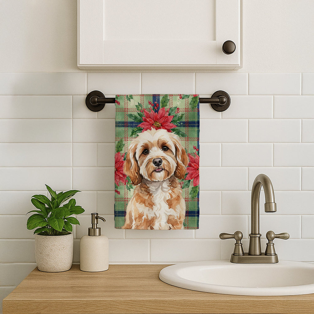 Cavapoo Christmas PoinsettIas Kitchen Towel Velour Plush Front and Cotton Loop Back Machine Washable