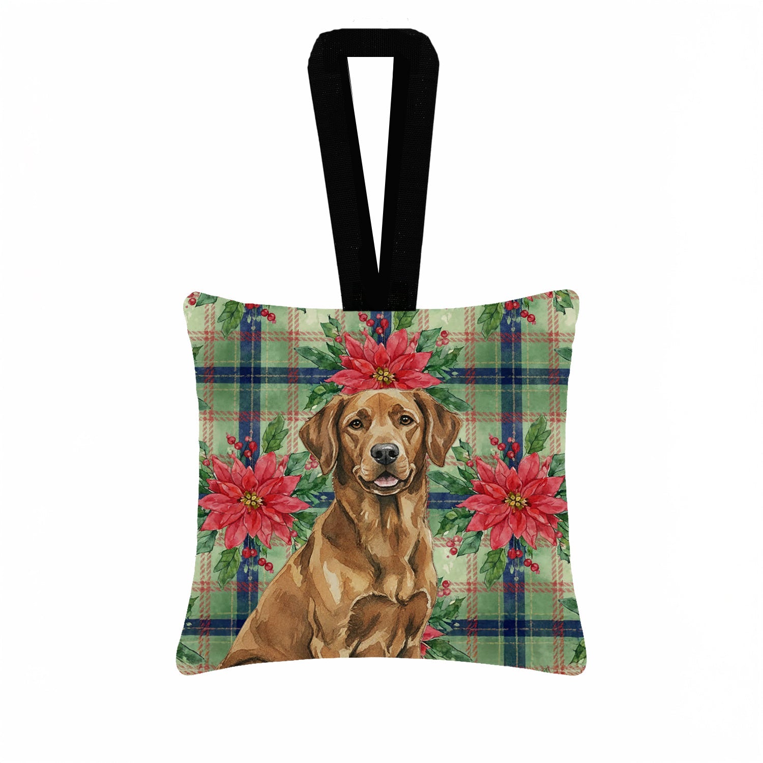 Chesapeake Bay Retriever Christmas PoinsettIas Hanging Square Fabric Ornament 3.5 � 3.5 Decorative Door-Knob & Tree Hanger, Soft Fabric