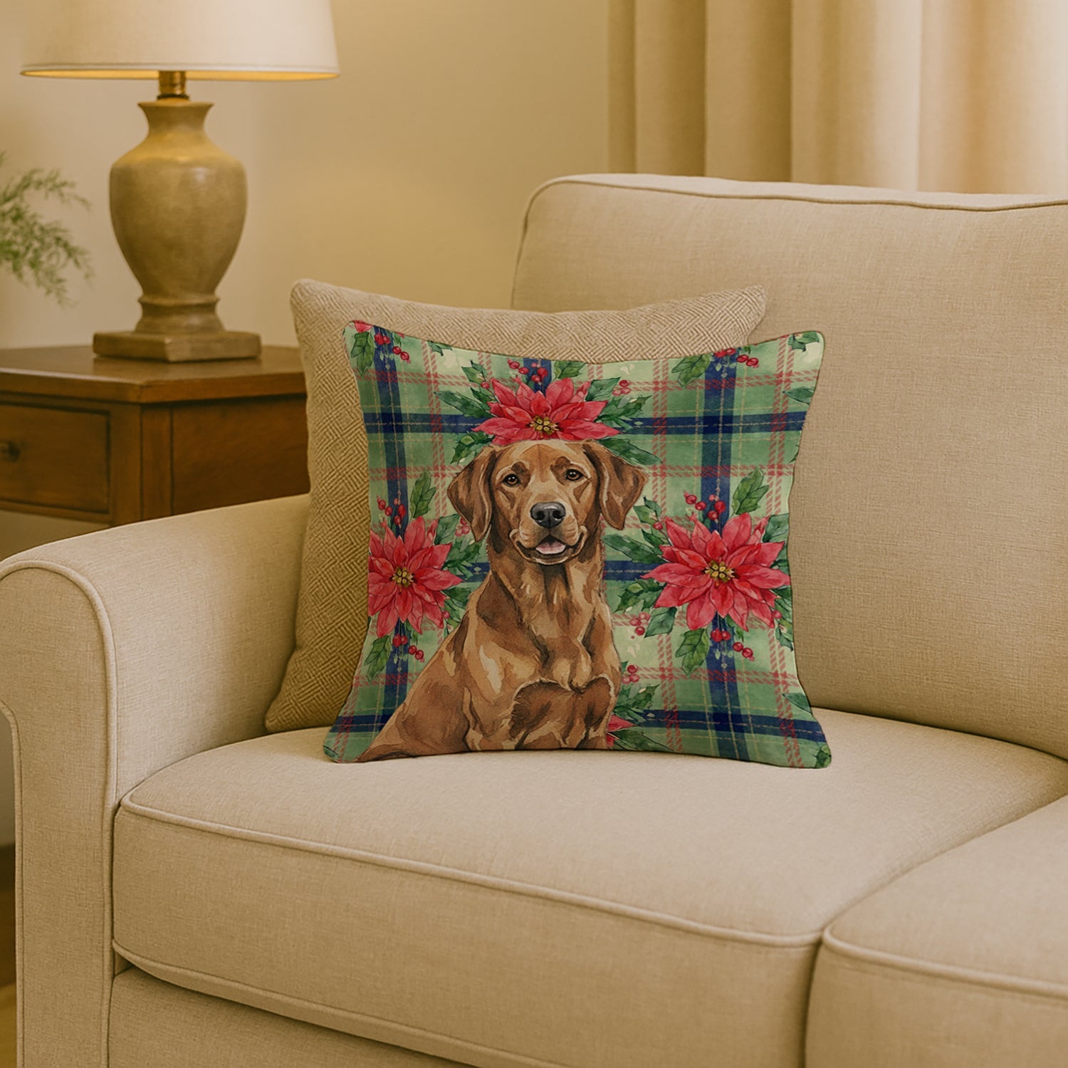 Chesapeake Bay Retriever Christmas PoinsettIas Decorative Throw Pillow 18x18 Indoor Outdoor Accent Cushion, Fabric Cover with Insert for Sofa, Bed, Porch & Living Room