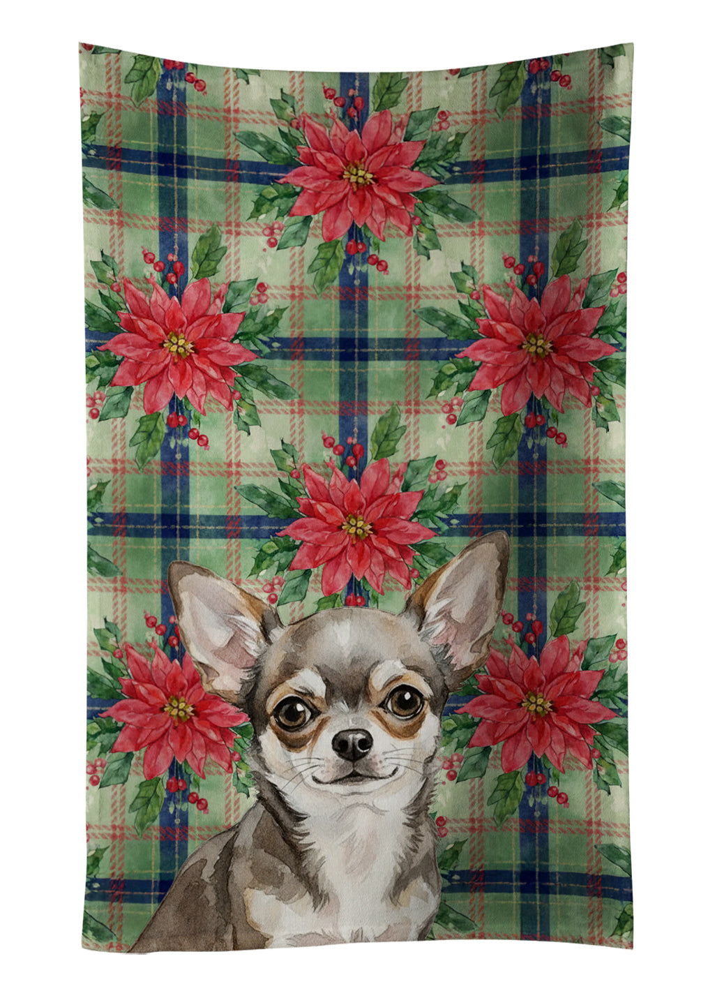 Chihuahua Christmas PoinsettIas Kitchen Towel Velour Plush Front and Cotton Loop Back Machine Washable