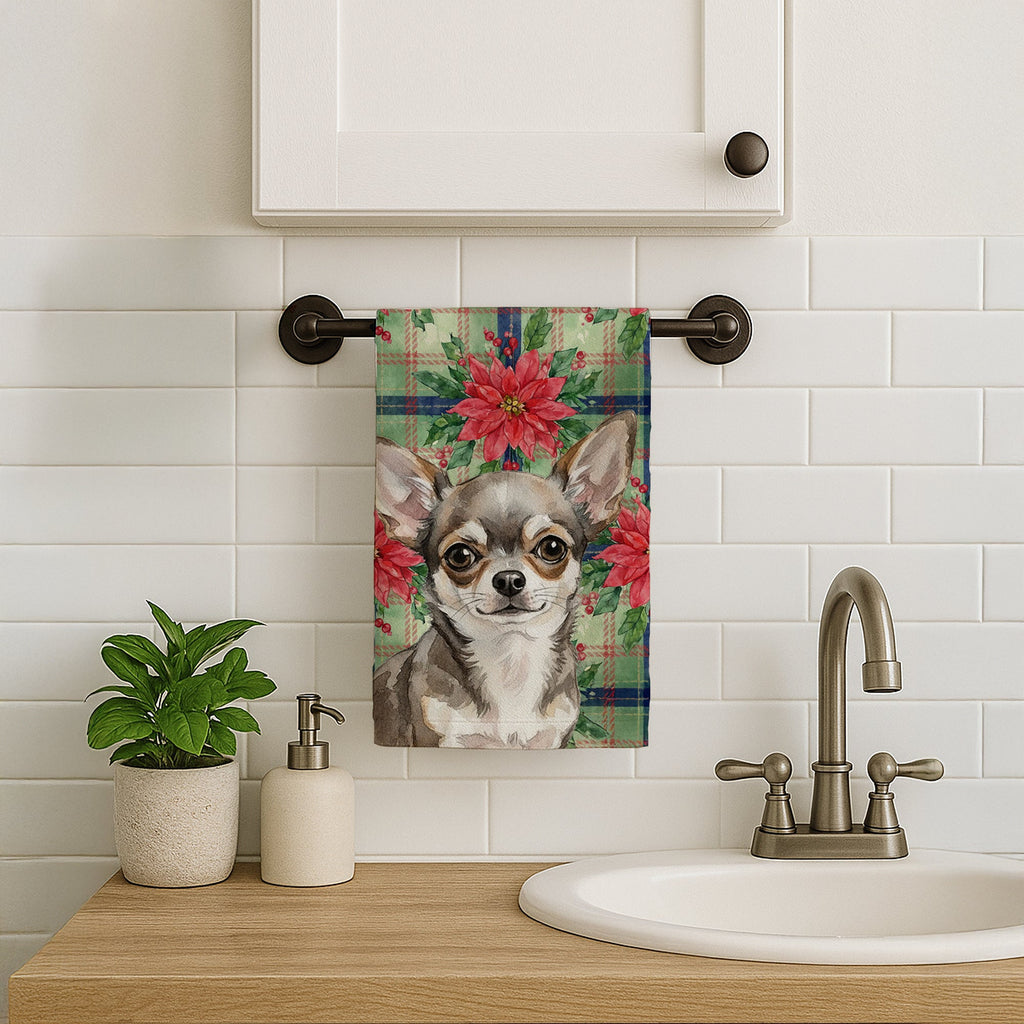 Chihuahua Christmas PoinsettIas Kitchen Towel Velour Plush Front and Cotton Loop Back Machine Washable