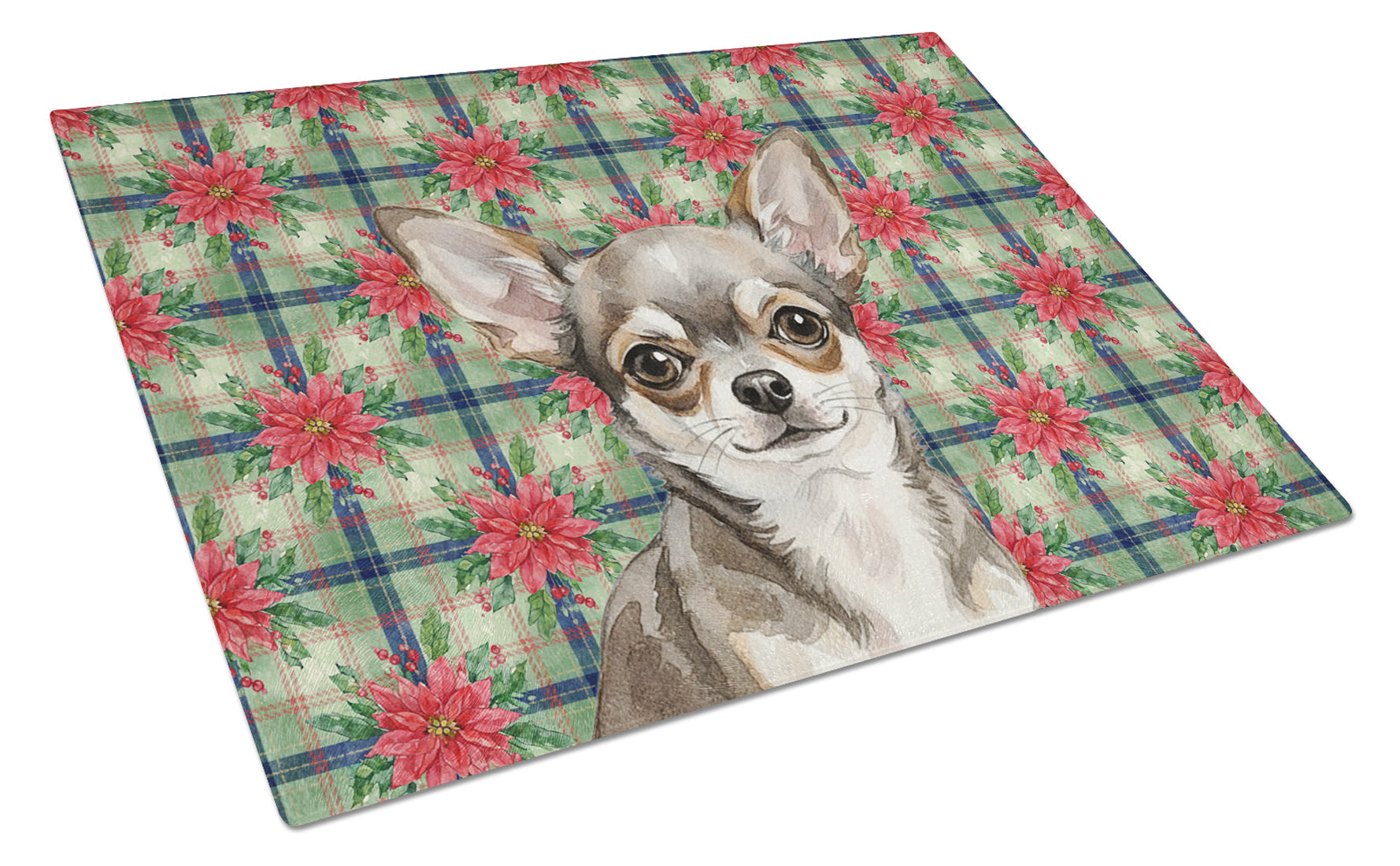 Chihuahua Christmas PoinsettIas Cutting Board Tempered Glass Kitchen Cutting Surface, Heat Resistant Chopping, Non-Slip Feet, Food Prep & Serving