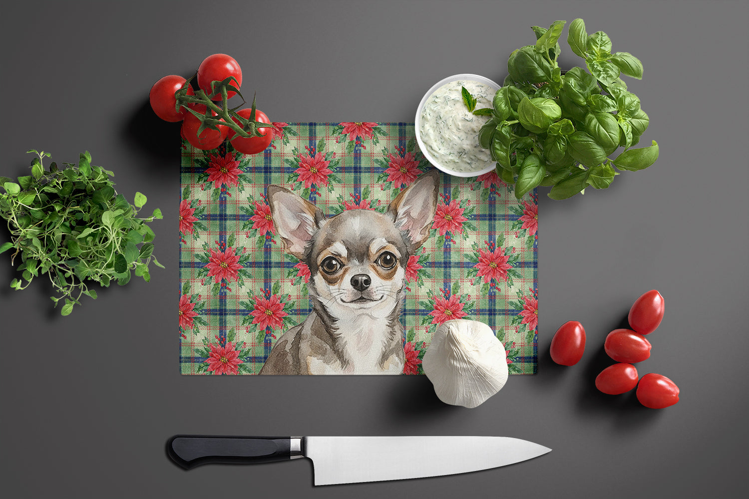 Chihuahua Christmas PoinsettIas Cutting Board Tempered Glass Kitchen Cutting Surface, Heat Resistant Chopping, Non-Slip Feet, Food Prep & Serving