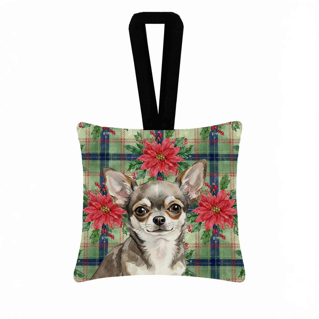 Chihuahua Christmas PoinsettIas Hanging Square Fabric Ornament 3.5 � 3.5 Decorative Door-Knob & Tree Hanger, Soft Fabric