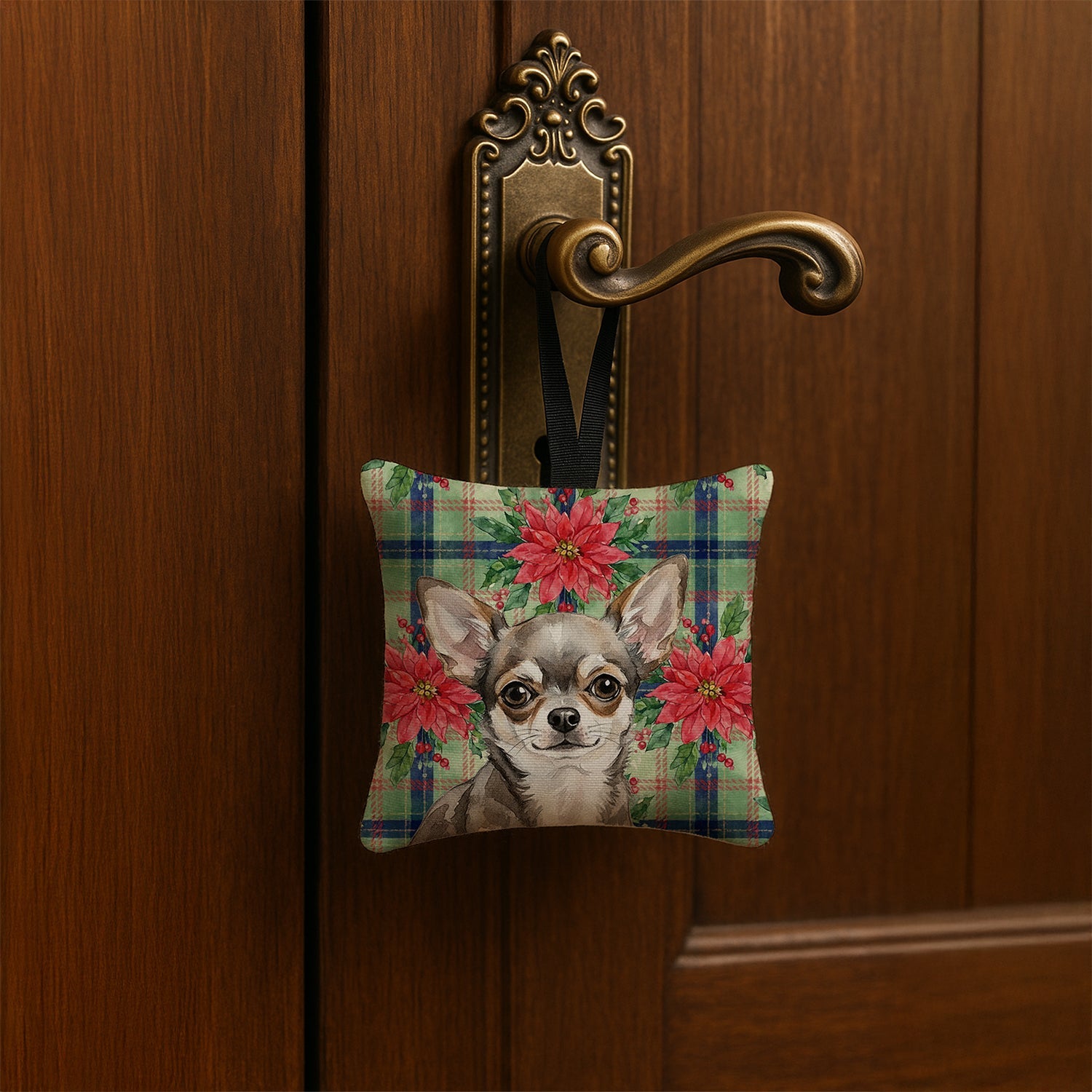 Chihuahua Christmas PoinsettIas Hanging Square Fabric Ornament 3.5 � 3.5 Decorative Door-Knob & Tree Hanger, Soft Fabric