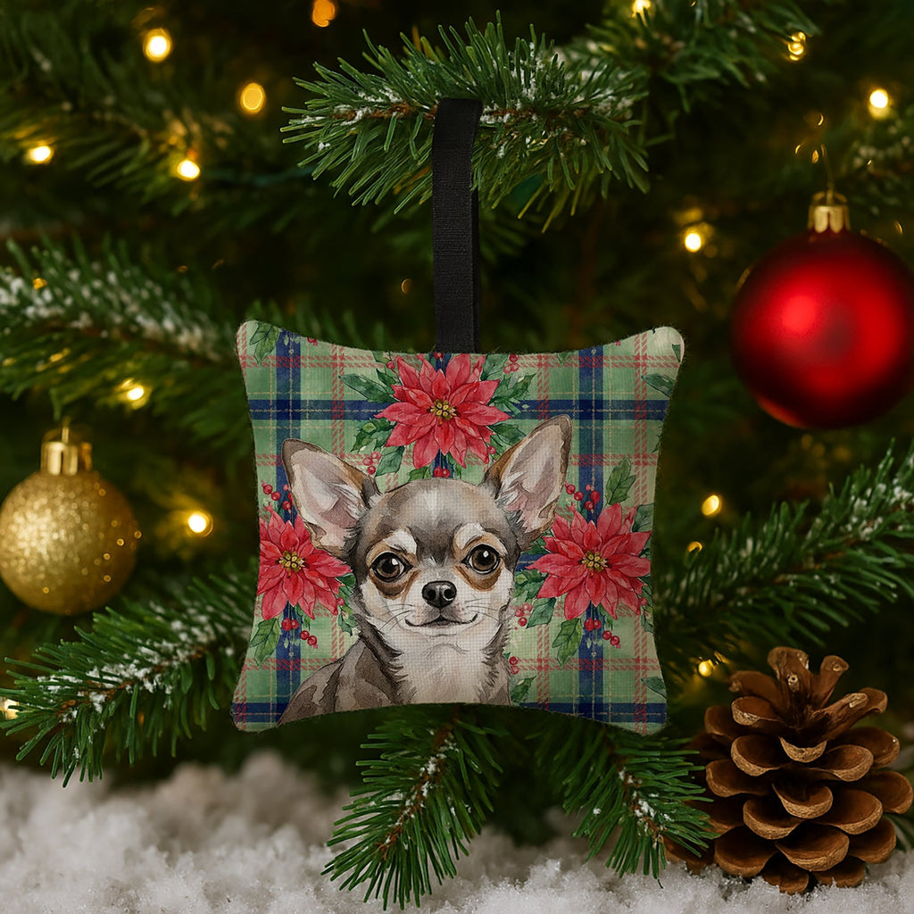 Chihuahua Christmas PoinsettIas Hanging Square Fabric Ornament 3.5 � 3.5 Decorative Door-Knob & Tree Hanger, Soft Fabric