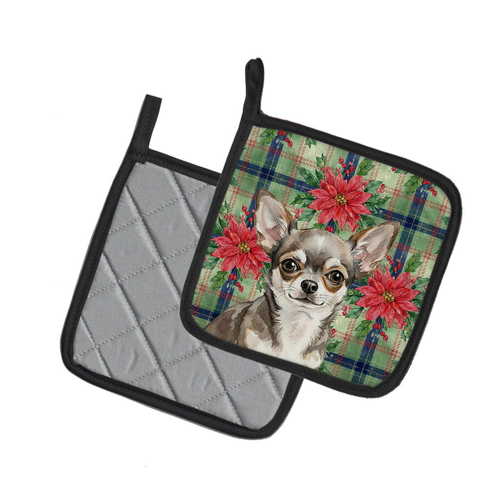 Chihuahua Christmas PoinsettIas Pot Holder Set of 2 Heat Resistant Quilted Hot Pads 7.5 x 7.5 Inch, Insulated Kitchen Trivets for Cooking & Baking