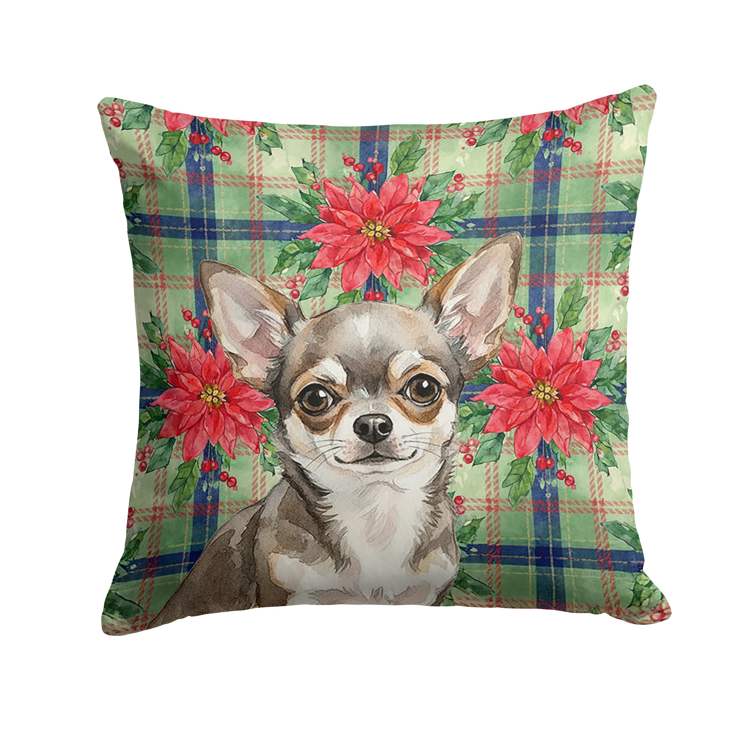 Chihuahua Christmas PoinsettIas Decorative Throw Pillow 14x14 Indoor Outdoor Accent Cushion, Fabric Cover with Insert for Sofa, Bed, Porch & Living Room