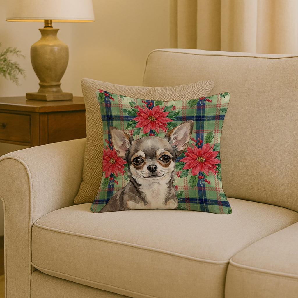 Chihuahua Christmas PoinsettIas Decorative Throw Pillow 18x18 Indoor Outdoor Accent Cushion, Fabric Cover with Insert for Sofa, Bed, Porch & Living Room
