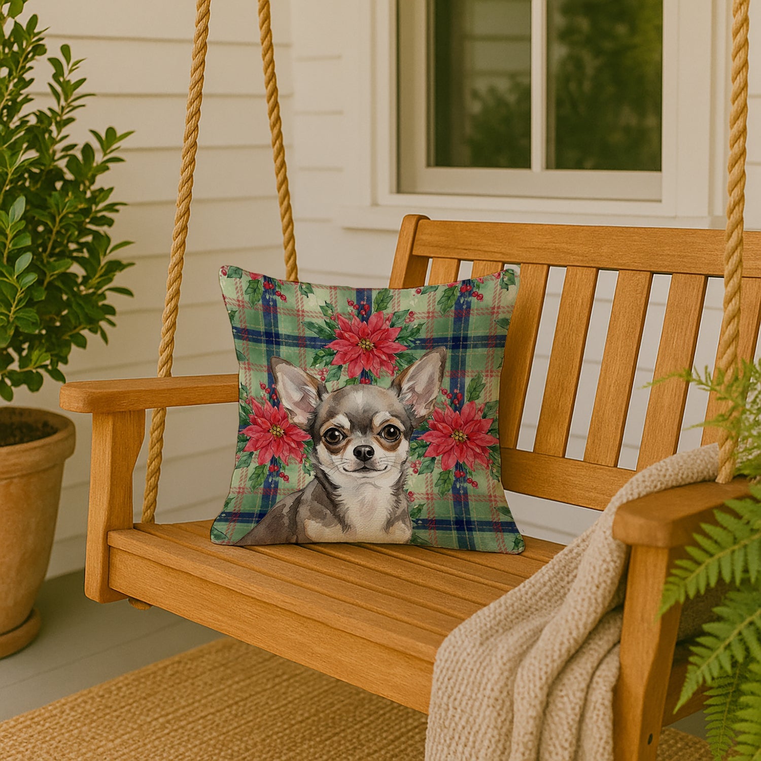 Chihuahua Christmas PoinsettIas Decorative Throw Pillow 18x18 Indoor Outdoor Accent Cushion, Fabric Cover with Insert for Sofa, Bed, Porch & Living Room