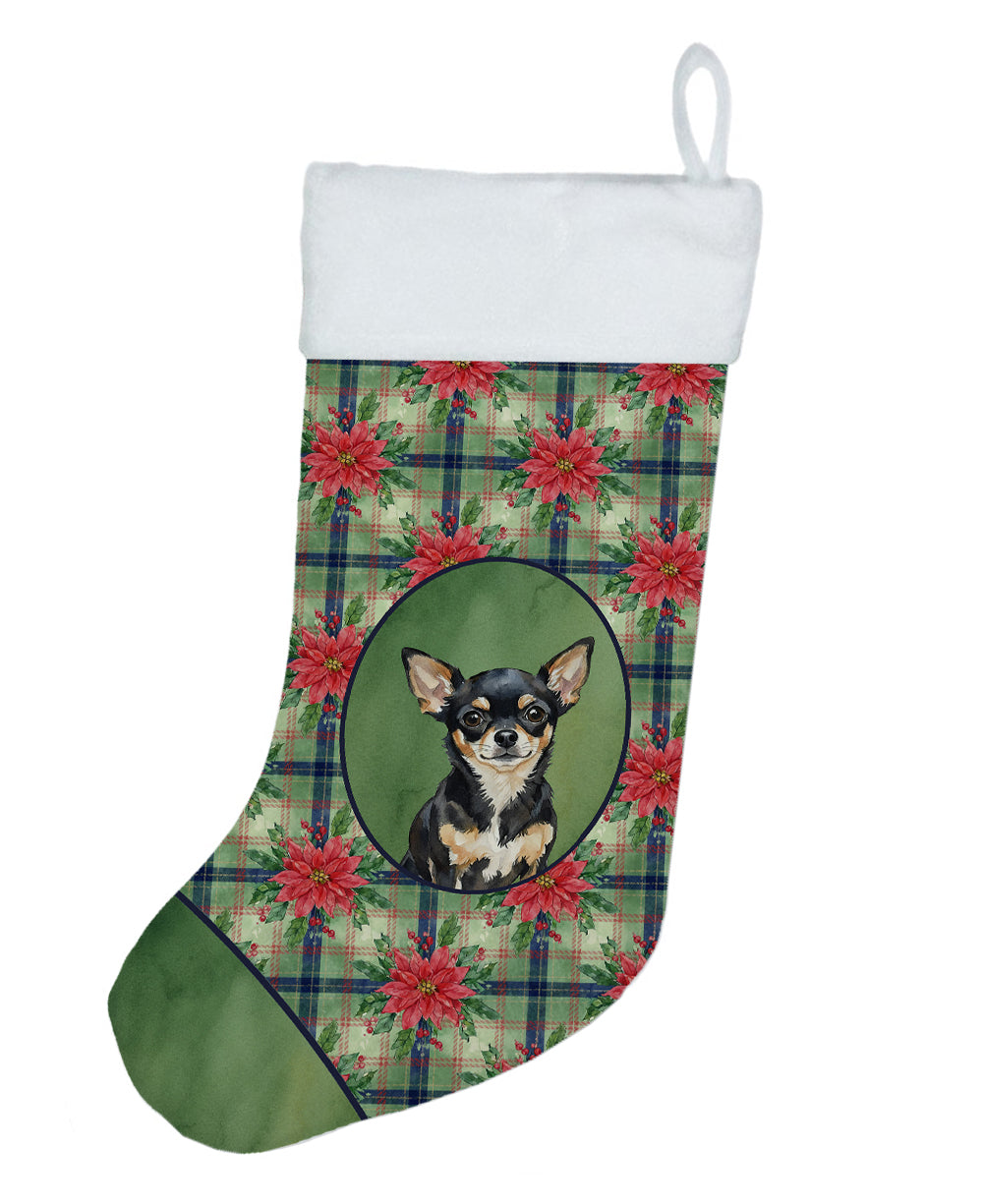 Black and Tan Chihuahua Christmas PoinsettIas Holiday Stocking Double-Sided Print, Polyester Suede,11x18, Made in USA