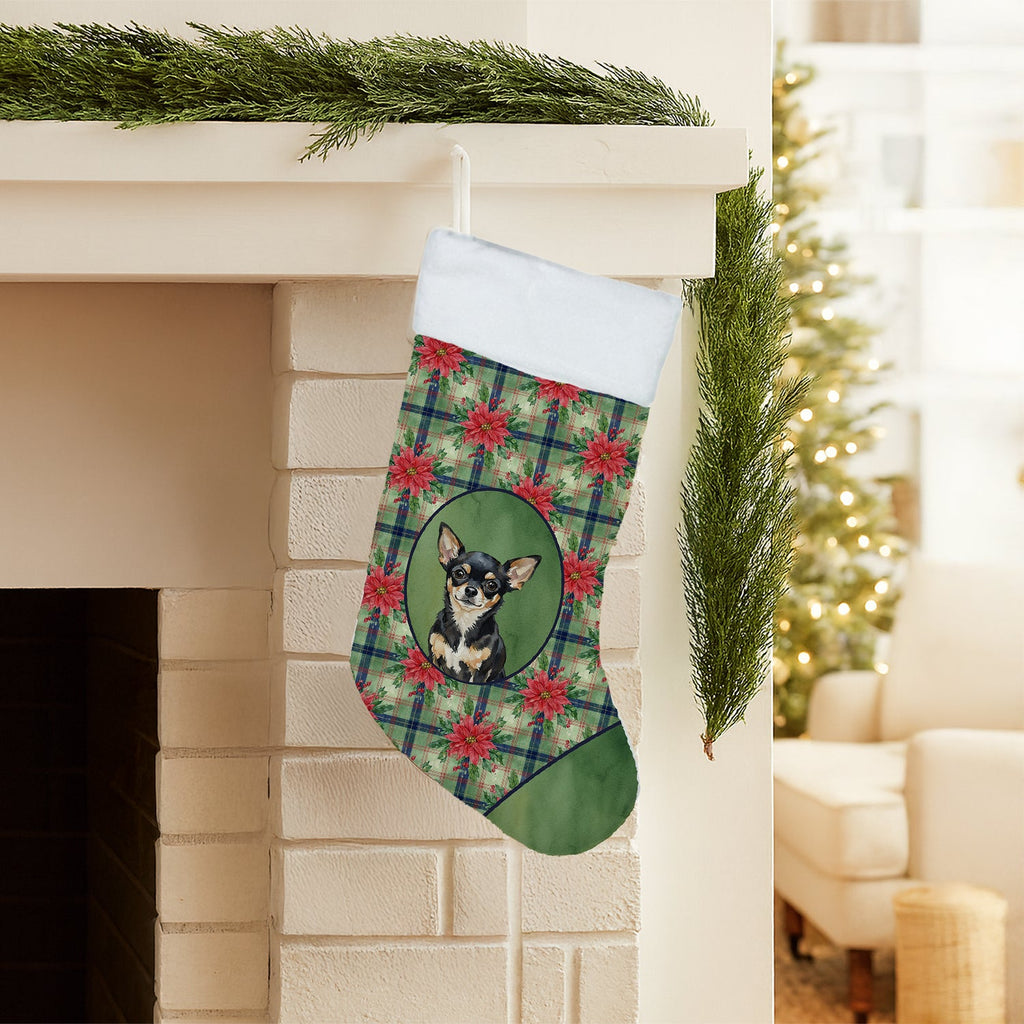 Black and Tan Chihuahua Christmas PoinsettIas Holiday Stocking Double-Sided Print, Polyester Suede,11x18, Made in USA