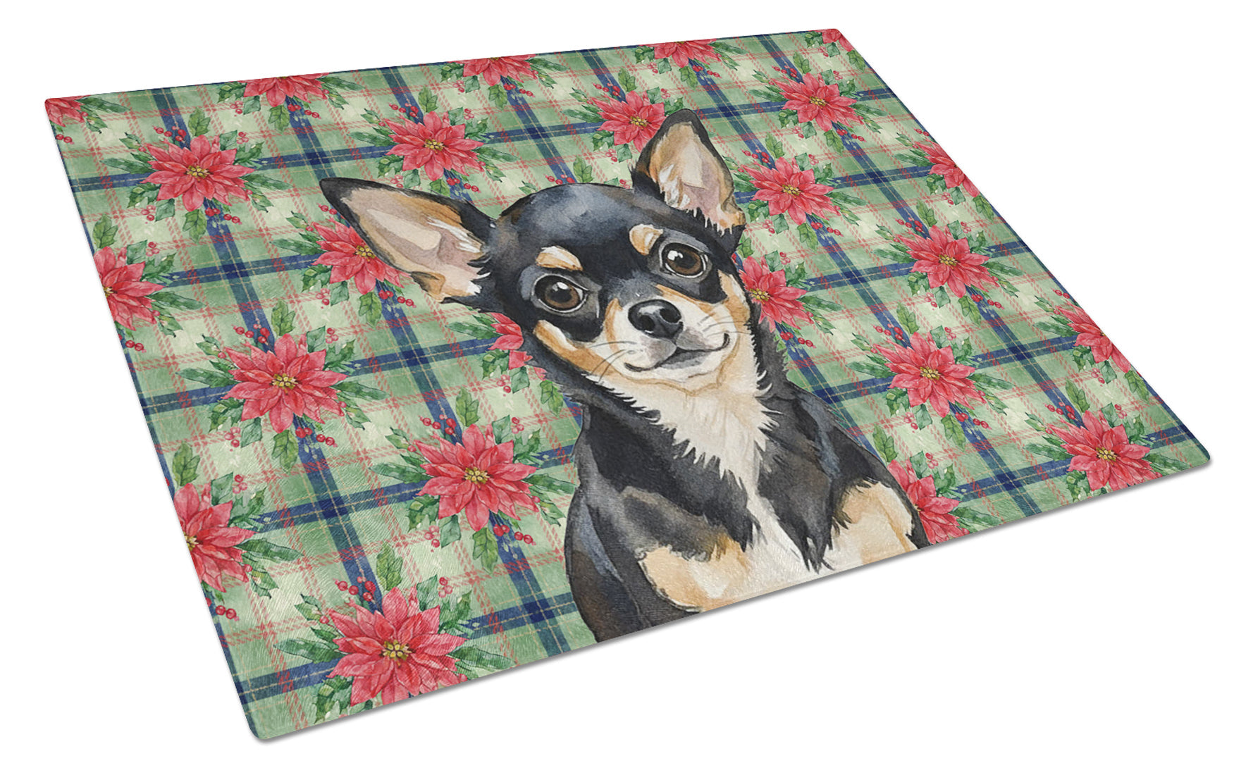 Black and Tan Chihuahua Christmas PoinsettIas Cutting Board Tempered Glass Kitchen Cutting Surface, Heat Resistant Chopping, Non-Slip Feet, Food Prep & Serving