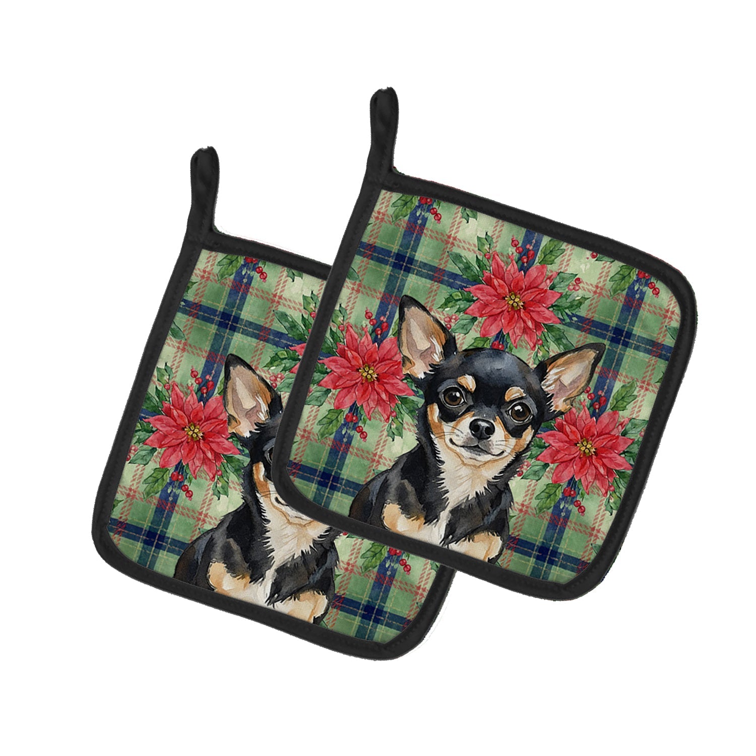 Black and Tan Chihuahua Christmas PoinsettIas Pot Holder Set of 2 Heat Resistant Quilted Hot Pads 7.5 x 7.5 Inch, Insulated Kitchen Trivets for Cooking & Baking