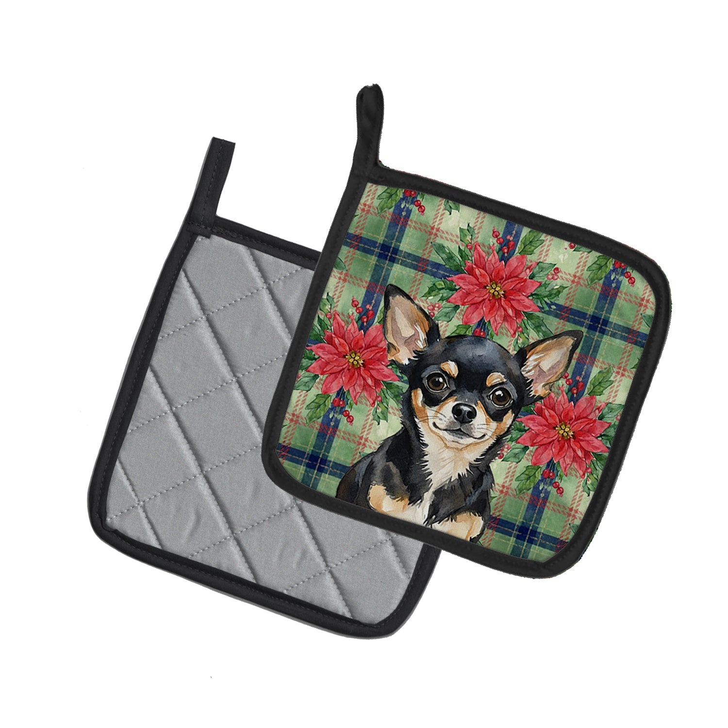 Black and Tan Chihuahua Christmas PoinsettIas Pot Holder Set of 2 Heat Resistant Quilted Hot Pads 7.5 x 7.5 Inch, Insulated Kitchen Trivets for Cooking & Baking