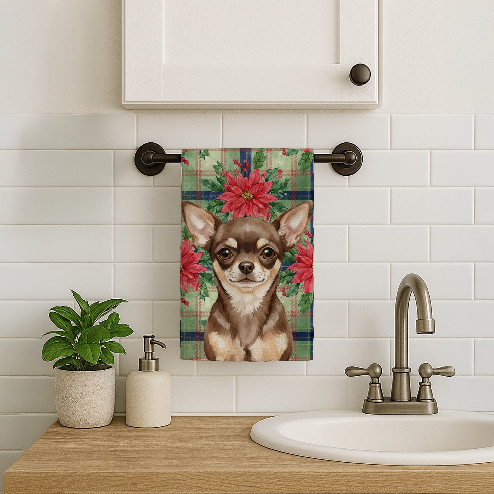 Chocolate Chihuahua Christmas PoinsettIas Kitchen Towel Velour Plush Front and Cotton Loop Back Machine Washable