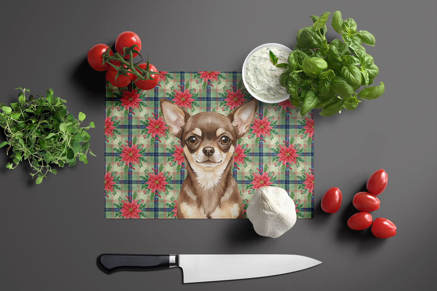Chocolate Chihuahua Christmas PoinsettIas Cutting Board Tempered Glass Kitchen Cutting Surface, Heat Resistant Chopping, Non-Slip Feet, Food Prep & Serving
