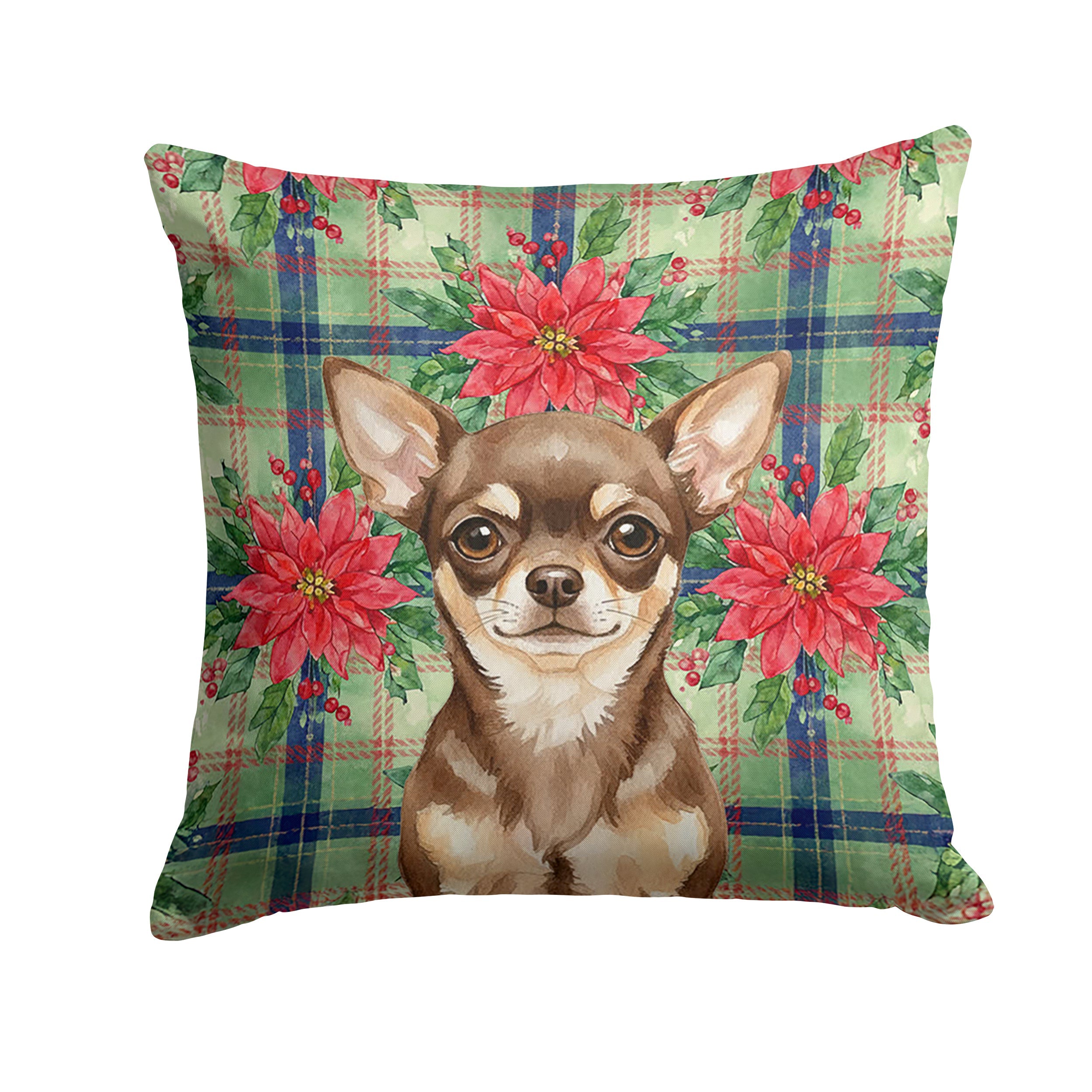 Chocolate Chihuahua Christmas PoinsettIas Decorative Throw Pillow 18x18 Indoor Outdoor Accent Cushion, Fabric Cover with Insert for Sofa, Bed, Porch & Living Room