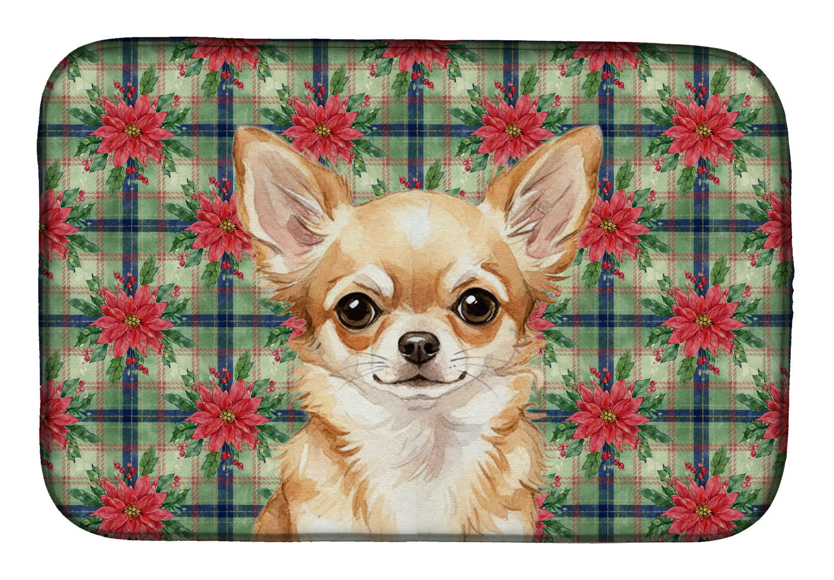 Fawn Chihuahua Christmas PoinsettIas Dish Drying Mat Absorbent Dish Drying Mat Pad for Kitchen Counter Dish Drainer Mat for Countertop, 14 x 21", Multicolor