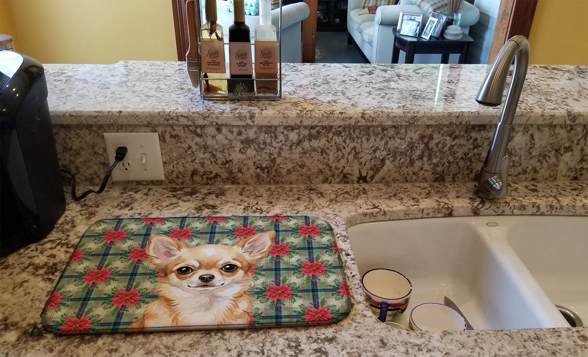 Fawn Chihuahua Christmas PoinsettIas Dish Drying Mat Absorbent Dish Drying Mat Pad for Kitchen Counter Dish Drainer Mat for Countertop, 14 x 21", Multicolor