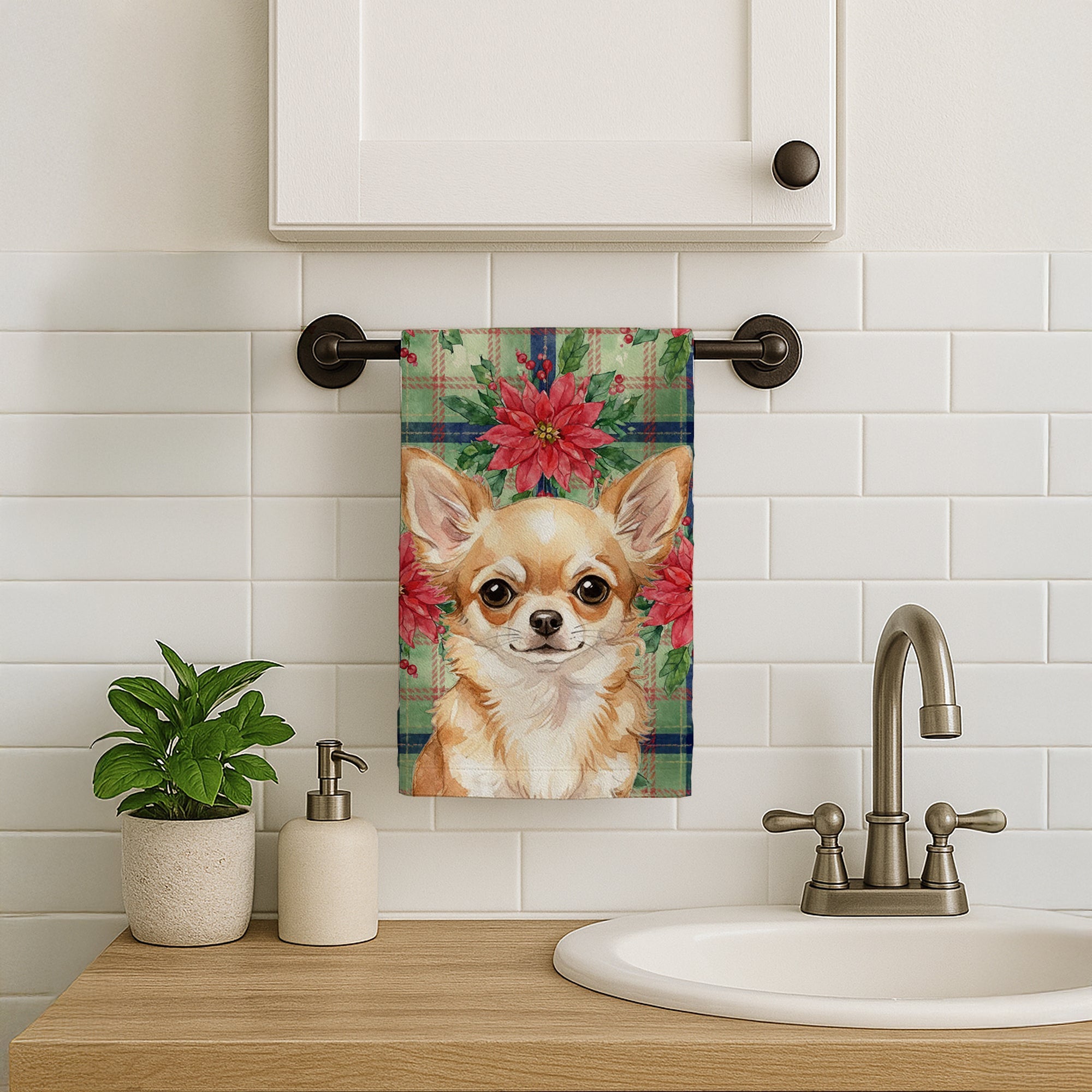 Fawn Chihuahua Christmas PoinsettIas Kitchen Towel Velour Plush Front and Cotton Loop Back Machine Washable
