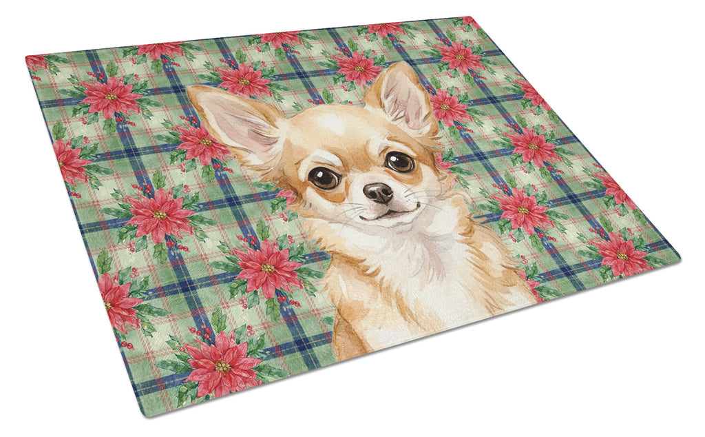Fawn Chihuahua Christmas PoinsettIas Cutting Board Tempered Glass Kitchen Cutting Surface, Heat Resistant Chopping, Non-Slip Feet, Food Prep & Serving