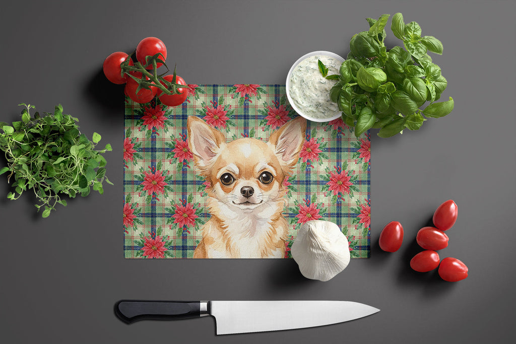 Fawn Chihuahua Christmas PoinsettIas Cutting Board Tempered Glass Kitchen Cutting Surface, Heat Resistant Chopping, Non-Slip Feet, Food Prep & Serving