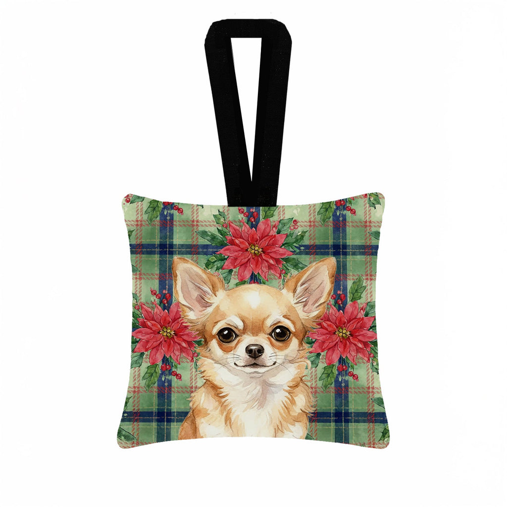 Fawn Chihuahua Christmas PoinsettIas Hanging Square Fabric Ornament 3.5 � 3.5 Decorative Door-Knob & Tree Hanger, Soft Fabric