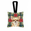 Fawn Chihuahua Christmas PoinsettIas Hanging Square Fabric Ornament 3.5 � 3.5 Decorative Door-Knob & Tree Hanger, Soft Fabric
