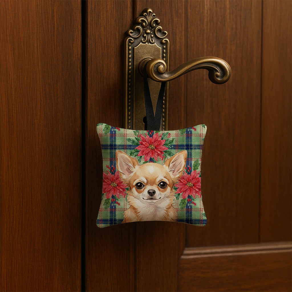 Fawn Chihuahua Christmas PoinsettIas Hanging Square Fabric Ornament 3.5 � 3.5 Decorative Door-Knob & Tree Hanger, Soft Fabric