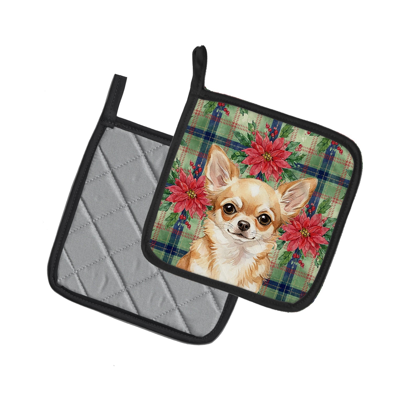 Fawn Chihuahua Christmas PoinsettIas Pot Holder Set of 2 Heat Resistant Quilted Hot Pads 7.5 x 7.5 Inch, Insulated Kitchen Trivets for Cooking & Baking