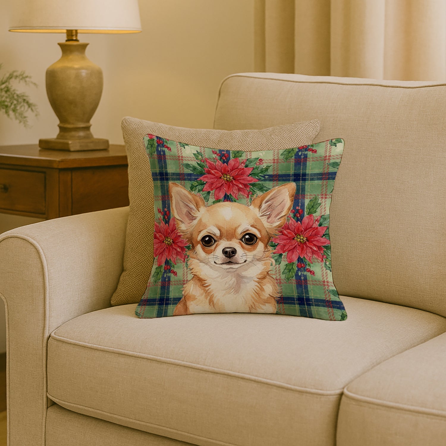 Fawn Chihuahua Christmas PoinsettIas Decorative Throw Pillow 18x18 Indoor Outdoor Accent Cushion, Fabric Cover with Insert for Sofa, Bed, Porch & Living Room