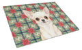 Cream Chihuahua Christmas PoinsettIas Cutting Board Tempered Glass Kitchen Cutting Surface, Heat Resistant Chopping, Non-Slip Feet, Food Prep & Serving