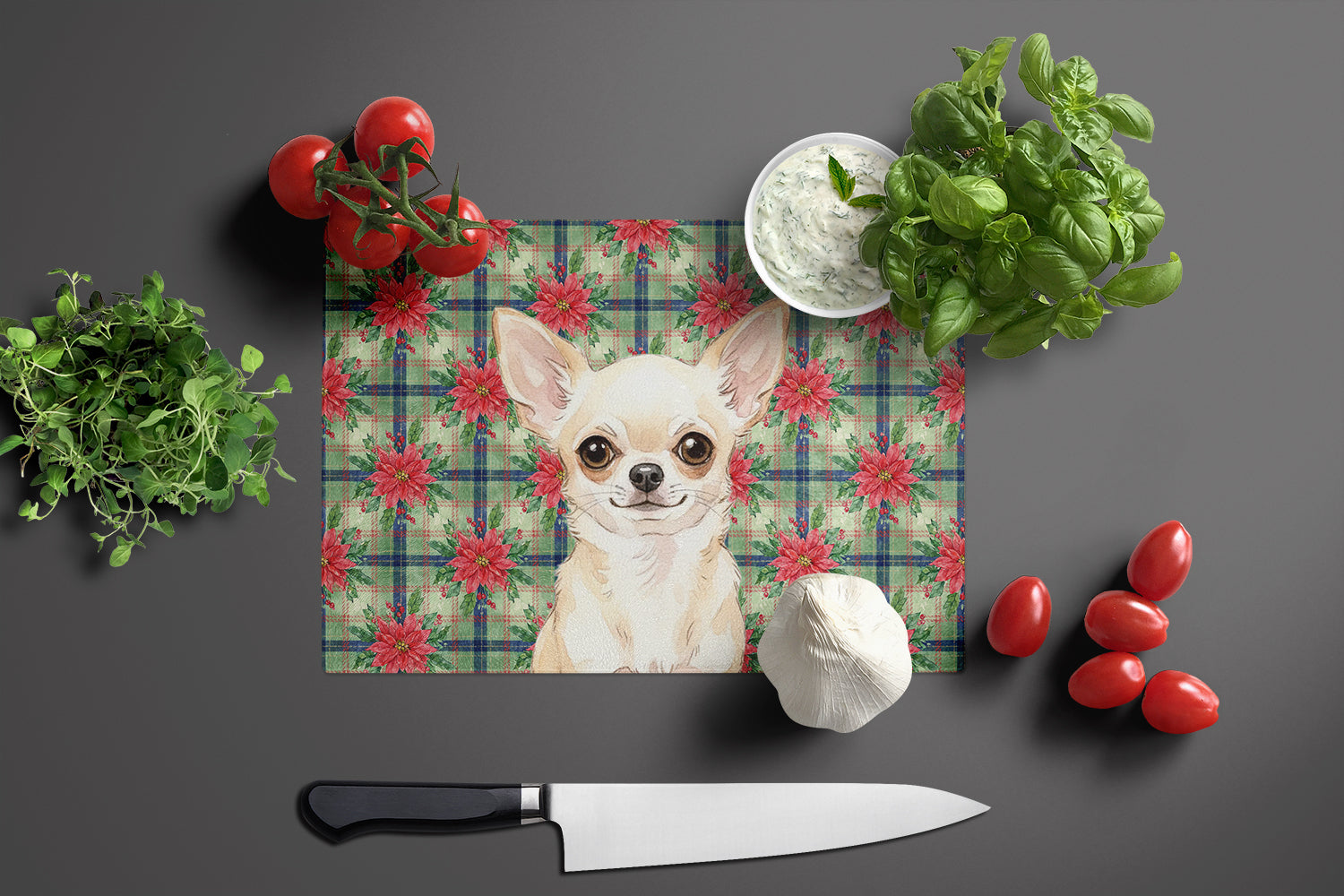 Cream Chihuahua Christmas PoinsettIas Cutting Board Tempered Glass Kitchen Cutting Surface, Heat Resistant Chopping, Non-Slip Feet, Food Prep & Serving