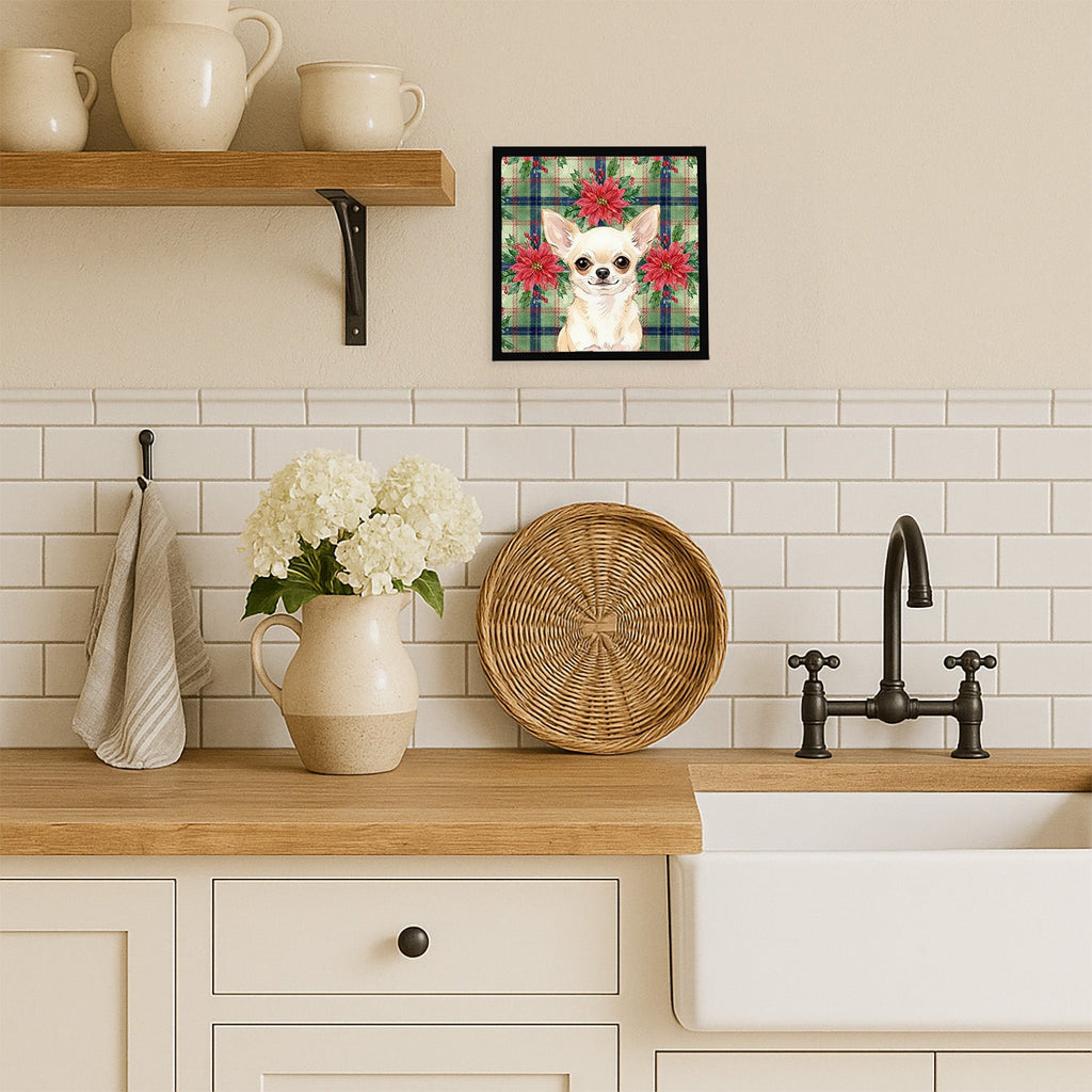 Cream Chihuahua Christmas PoinsettIas Framed Metal Print Bathroom, Kitchen, Office, Home Decor Wall Art Ready to Hang, Square, 8X8