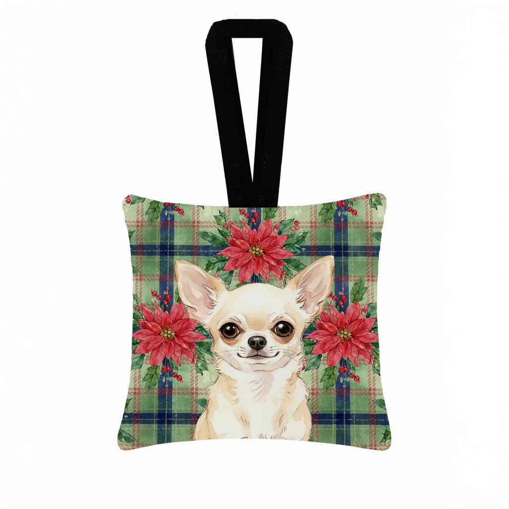 Cream Chihuahua Christmas PoinsettIas Hanging Square Fabric Ornament 3.5 � 3.5 Decorative Door-Knob & Tree Hanger, Soft Fabric