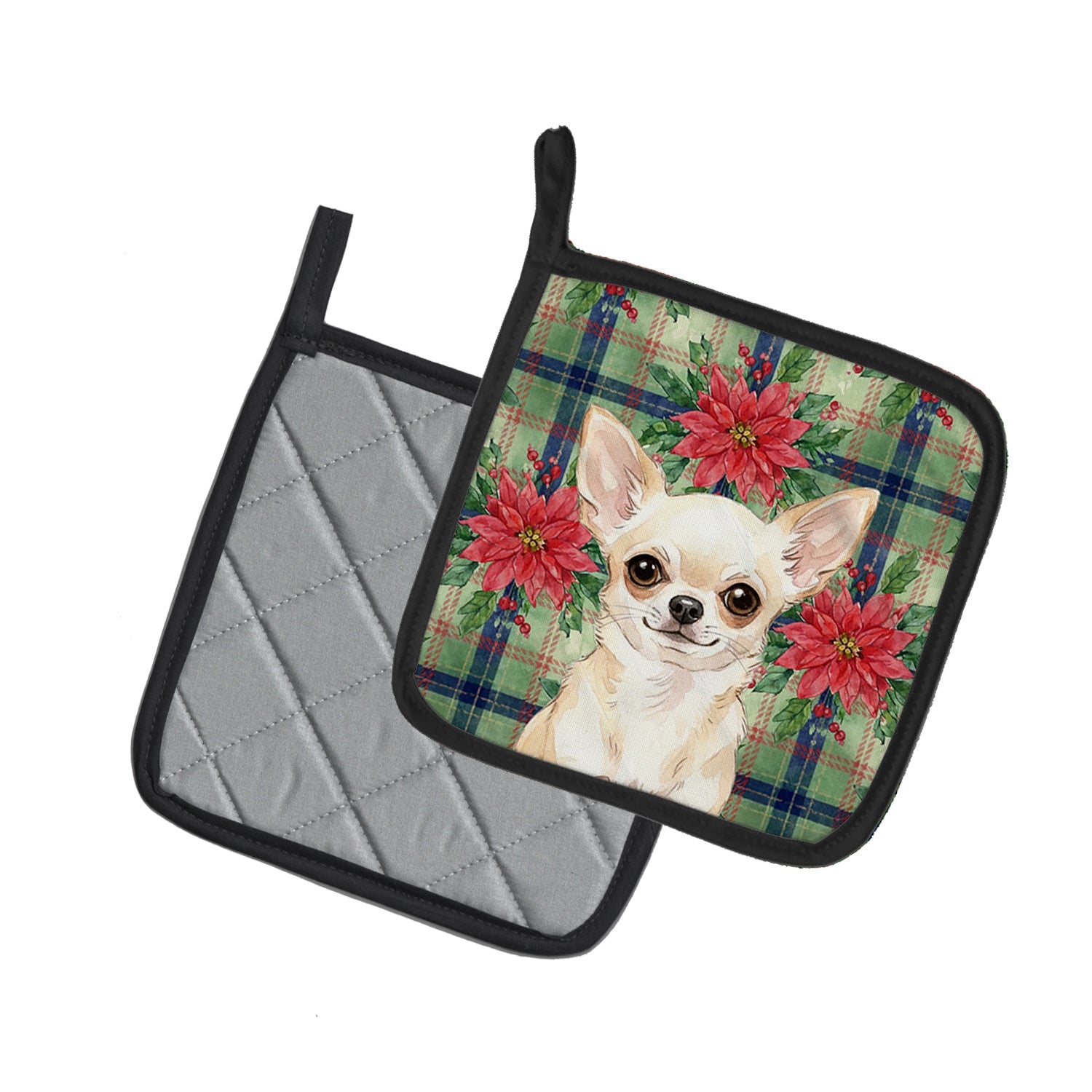 Cream Chihuahua Christmas PoinsettIas Pot Holder Set of 2 Heat Resistant Quilted Hot Pads 7.5 x 7.5 Inch, Insulated Kitchen Trivets for Cooking & Baking