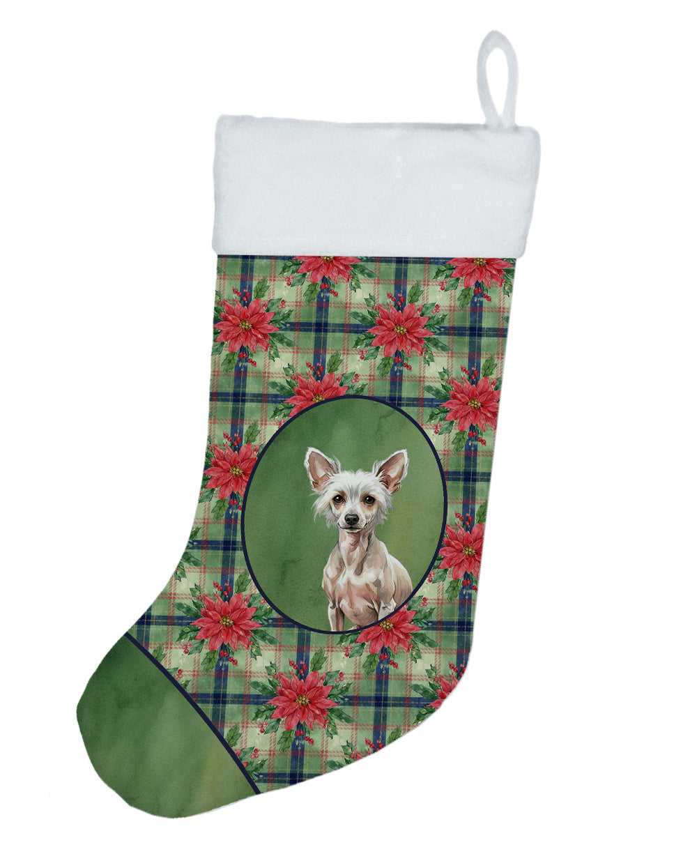 Hairless Chinese Crested Christmas PoinsettIas Holiday Stocking Double-Sided Print, Polyester Suede,11x18, Made in USA